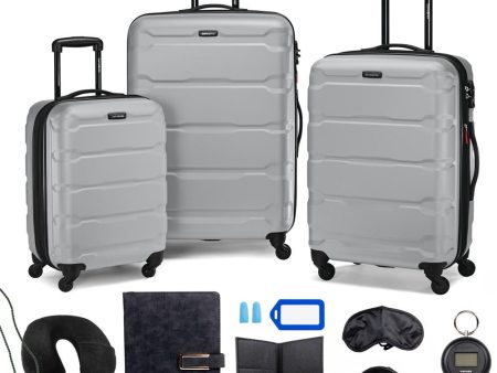 Samsonite Omni Hardside Nested Luggage Spinner Set, Silver w  10pc Accessory Kit For Cheap