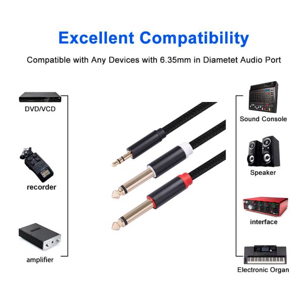 1m Audio Cable 3.5mm to Double 6.35mm Aux Cable 2 Mono 6.35 Jack to 3.5 Male for Phone to Mixer Amplifier Fashion