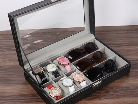 9 Compartments Glasses and Watch Organizer Box PU Leather Glass Top Display Case Cheap